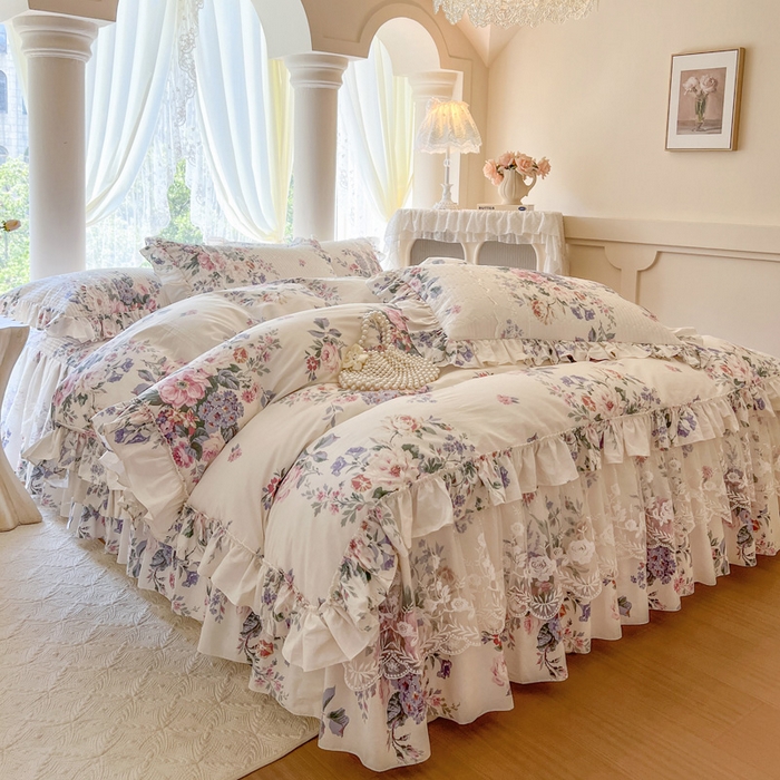 91家纺网 家纺一手货源 找家纺 瑞宝 2025新款13372全棉印花花边床裙四件套 素雅