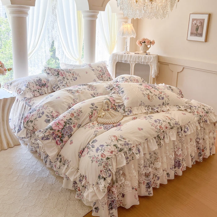 91家纺网 家纺一手货源 找家纺 瑞宝 2025新款13372全棉印花花边床裙四件套 素雅