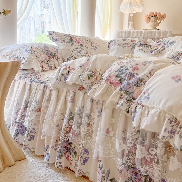 91家纺网 家纺一手货源 找家纺 瑞宝 2025新款13372全棉印花花边床裙四件套 素雅