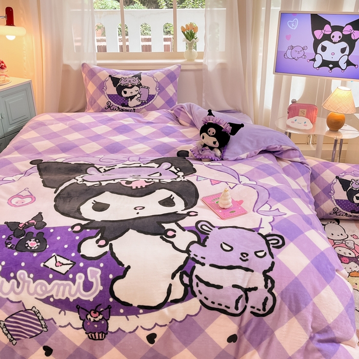 91家纺网 家纺一手货源 找家纺 金爱家 2025新款正版三丽鸥授权大版卡通平网数码印花加厚高克重牛奶绒系列四件套-第一批 绒大版-R糖果库洛米