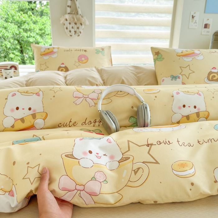 91家纺网 家纺一手货源 找家纺 可可家纺 2025新款印花卡通芦荟棉四件套亲肤床单被套三件套 下午茶小狗