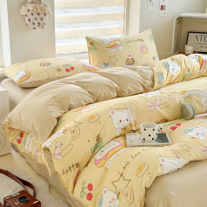 91家纺网 家纺一手货源 找家纺 可可家纺 2025新款印花卡通芦荟棉四件套亲肤床单被套三件套 下午茶小狗
