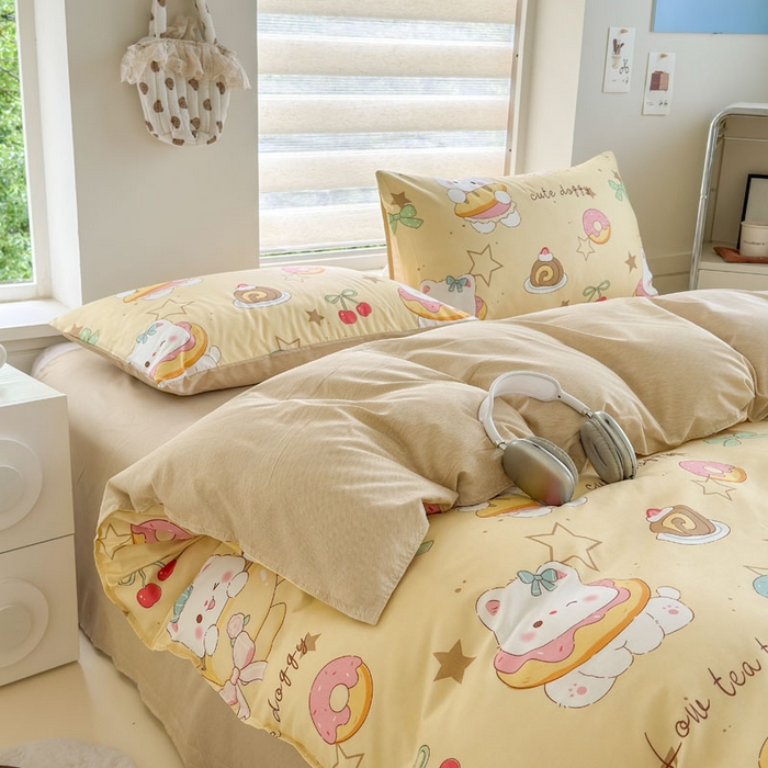 91家纺网 家纺一手货源 找家纺 可可家纺 2025新款印花卡通芦荟棉四件套亲肤床单被套三件套 下午茶小狗