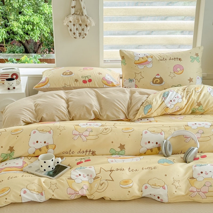 91家纺网 家纺一手货源 找家纺 可可家纺 2025新款印花卡通芦荟棉四件套亲肤床单被套三件套 下午茶小狗