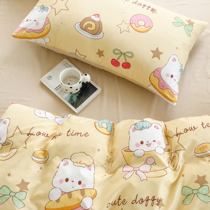 91家纺网 家纺一手货源 找家纺 可可家纺 2025新款印花卡通芦荟棉四件套亲肤床单被套三件套 下午茶小狗