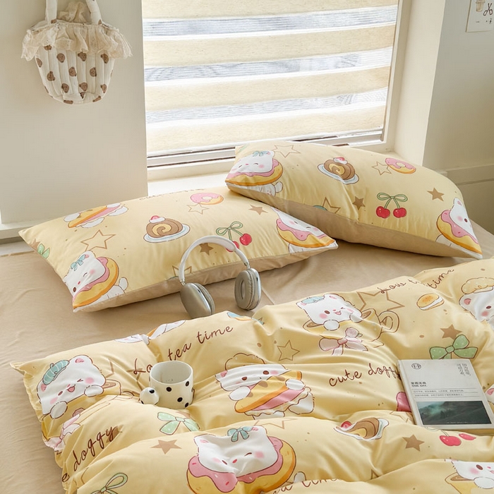 91家纺网 家纺一手货源 找家纺 可可家纺 2025新款印花卡通芦荟棉四件套亲肤床单被套三件套 下午茶小狗