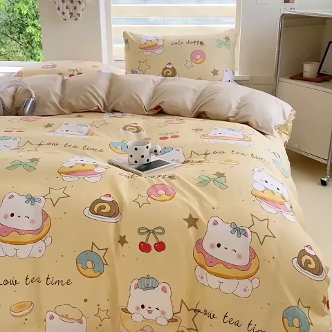 91家纺网 家纺一手货源 找家纺 可可家纺 2025新款印花卡通芦荟棉四件套亲肤床单被套三件套 下午茶小狗