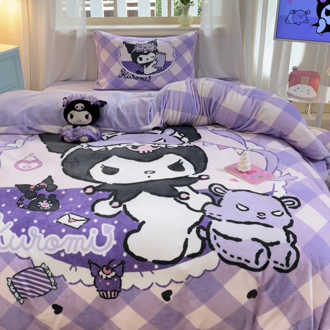 91家纺网 家纺一手货源 找家纺 金爱家 2025新款正版三丽鸥授权大版卡通平网数码印花加厚高克重牛奶绒系列四件套-第一批 绒大版-R糖果库洛米