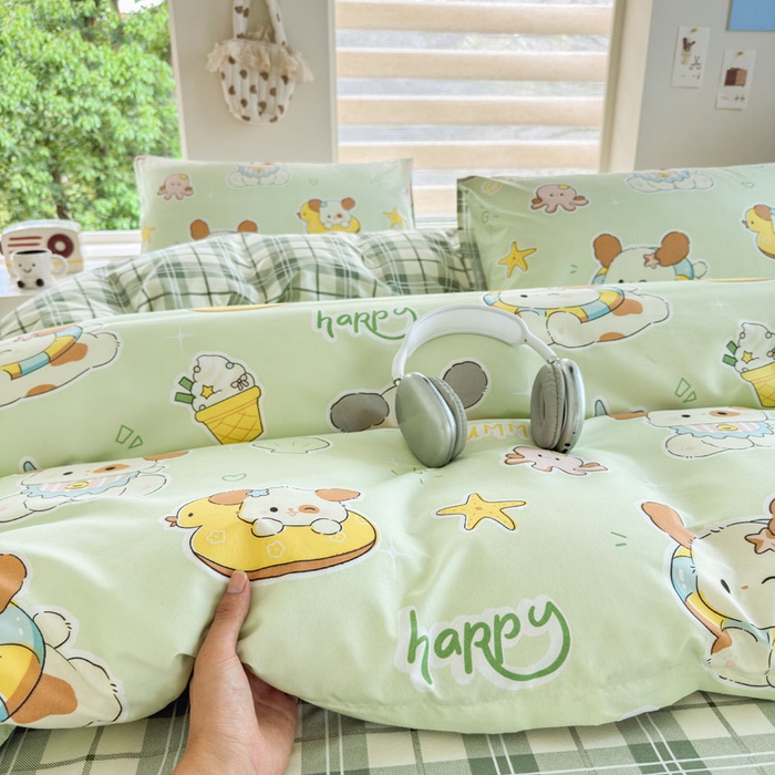 91家纺网 家纺一手货源 找家纺 可可家纺 2025新款印花卡通芦荟棉四件套亲肤床单被套三件套 夏日萌犬