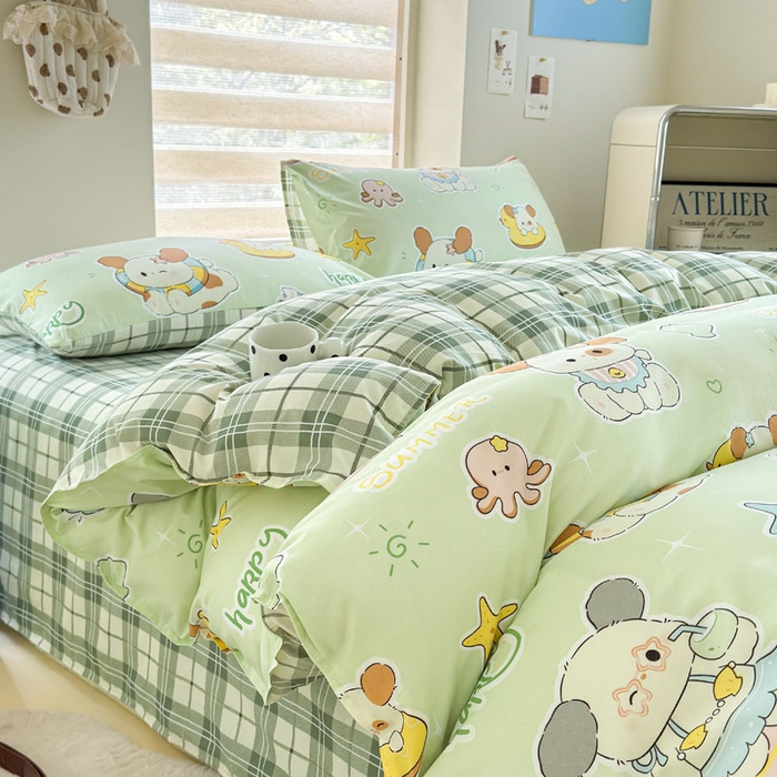 91家纺网 家纺一手货源 找家纺 可可家纺 2025新款印花卡通芦荟棉四件套亲肤床单被套三件套 夏日萌犬