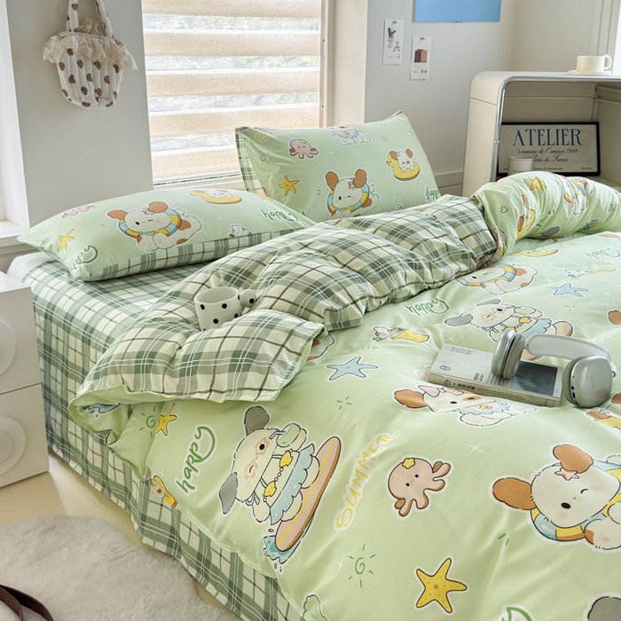 91家纺网 家纺一手货源 找家纺 可可家纺 2025新款印花卡通芦荟棉四件套亲肤床单被套三件套 夏日萌犬