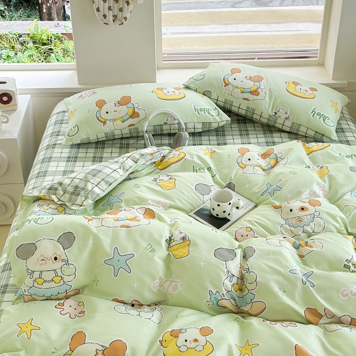 91家纺网 家纺一手货源 找家纺 可可家纺 2025新款印花卡通芦荟棉四件套亲肤床单被套三件套 夏日萌犬