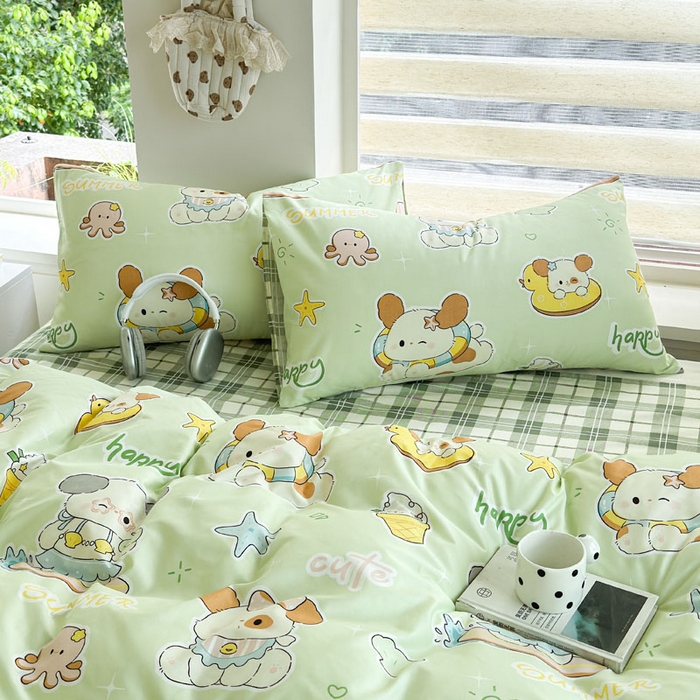 91家纺网 家纺一手货源 找家纺 可可家纺 2025新款印花卡通芦荟棉四件套亲肤床单被套三件套 夏日萌犬