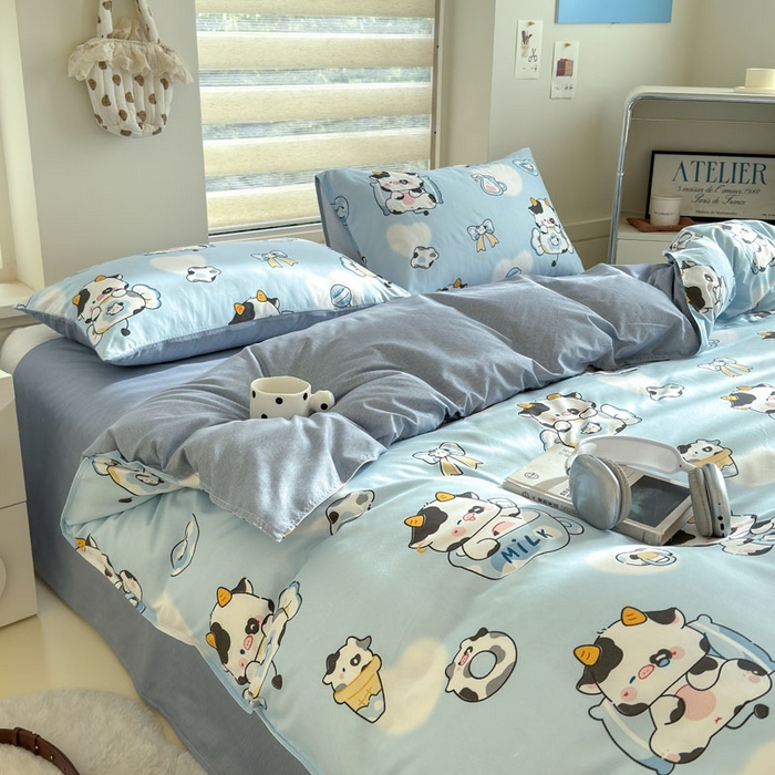 91家纺网 家纺一手货源 找家纺 可可家纺 2025新款印花卡通芦荟棉四件套亲肤床单被套三件套 小奶牛