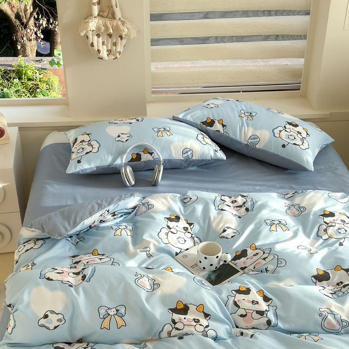 91家纺网 家纺一手货源 找家纺 可可家纺 2025新款印花卡通芦荟棉四件套亲肤床单被套三件套 小奶牛