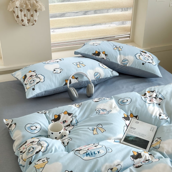 91家纺网 家纺一手货源 找家纺 可可家纺 2025新款印花卡通芦荟棉四件套亲肤床单被套三件套 小奶牛