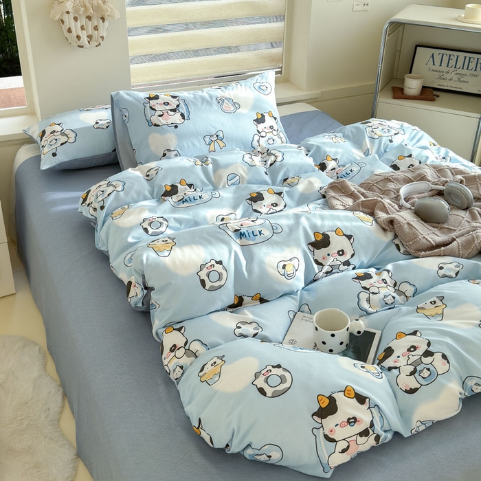 91家纺网 家纺一手货源 找家纺 可可家纺 2025新款印花卡通芦荟棉四件套亲肤床单被套三件套 小奶牛