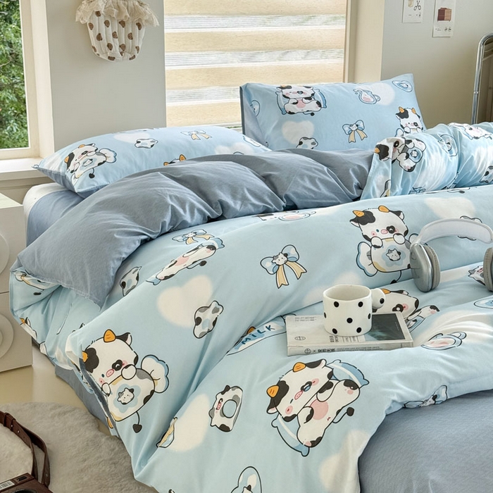 91家纺网 家纺一手货源 找家纺 可可家纺 2025新款印花卡通芦荟棉四件套亲肤床单被套三件套 小奶牛