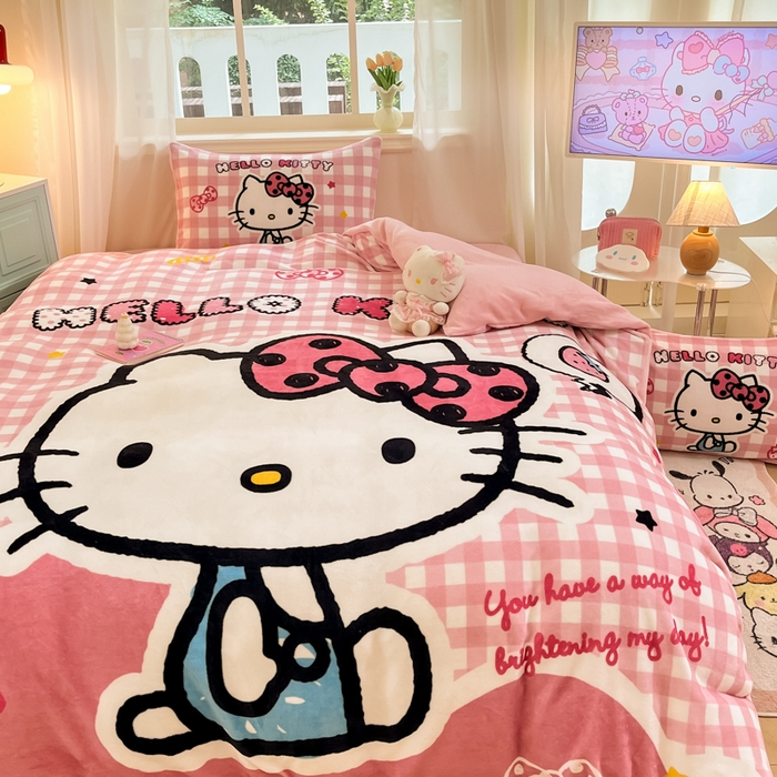 91家纺网 家纺一手货源 找家纺 金爱家 2025新款正版三丽鸥授权大版卡通平网数码印花加厚高克重牛奶绒系列四件套-第一批 绒大版-R甜甜粉格kitty
