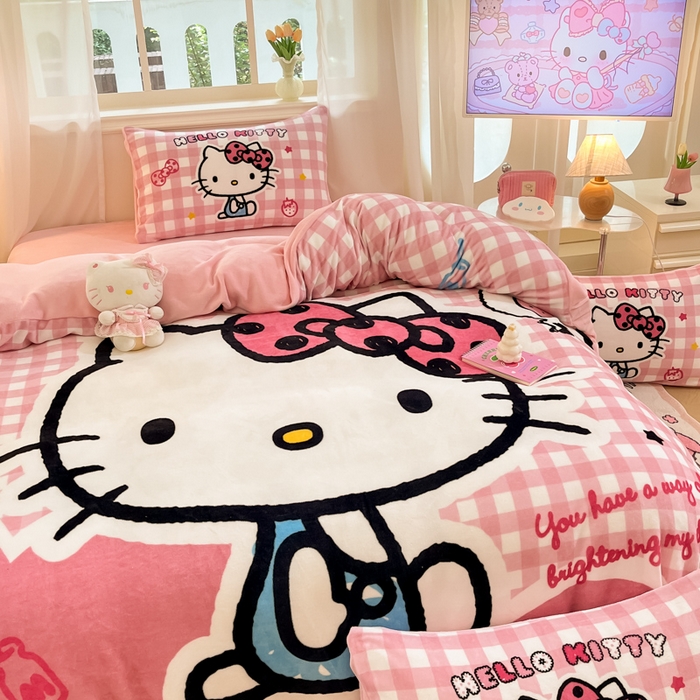 91家纺网 家纺一手货源 找家纺 金爱家 2025新款正版三丽鸥授权大版卡通平网数码印花加厚高克重牛奶绒系列四件套-第一批 绒大版-R甜甜粉格kitty