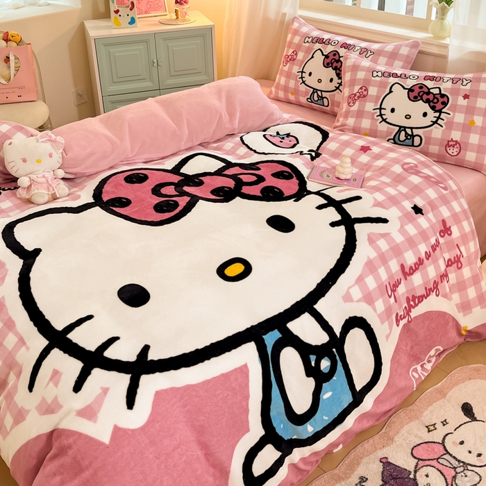 91家纺网 家纺一手货源 找家纺 金爱家 2025新款正版三丽鸥授权大版卡通平网数码印花加厚高克重牛奶绒系列四件套-第一批 绒大版-R甜甜粉格kitty