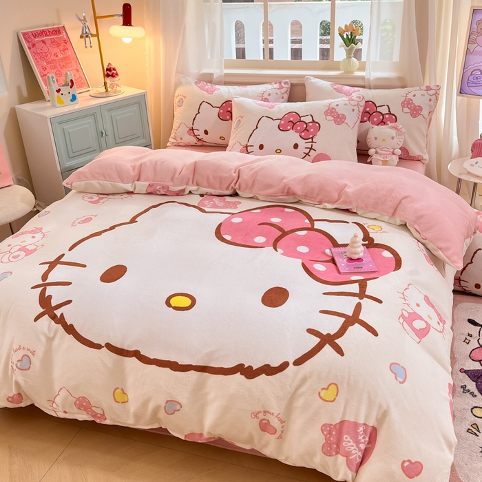 金爱家 2025新款正版三丽鸥授权大版卡通平网数码印花加厚高克重牛奶绒系列四件套-第一批 绒大版-R甜甜奶油kitty