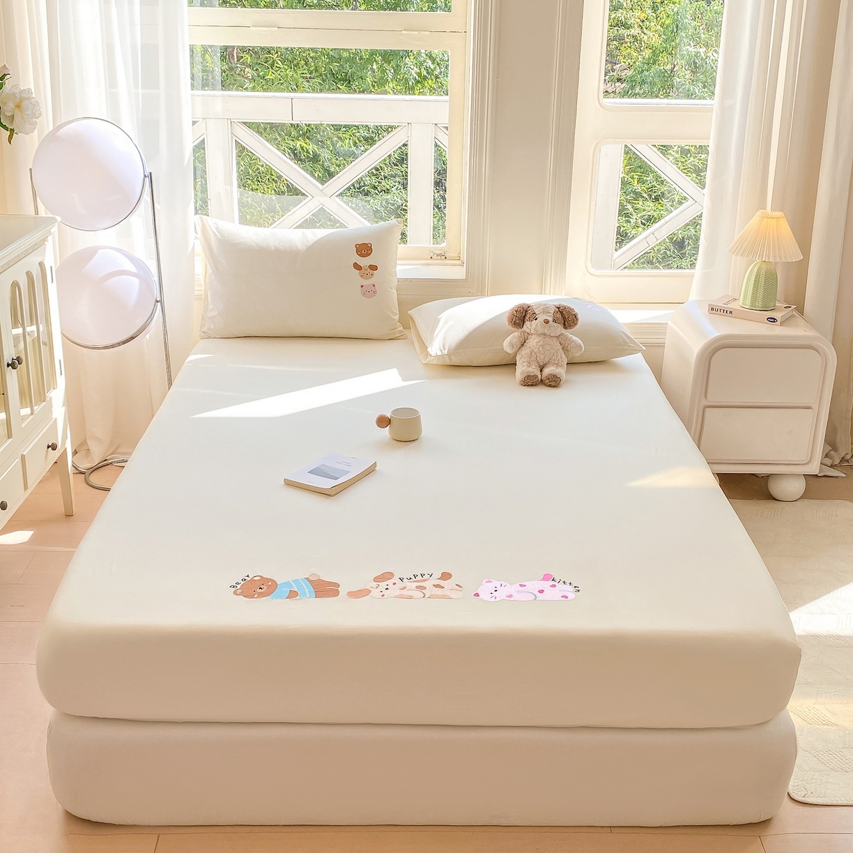 91家纺网 家纺一手货源 找家纺 灰鲸 2025新款全棉刺绣大床床笠-懒懒小憩系列 懒懒小憩-白