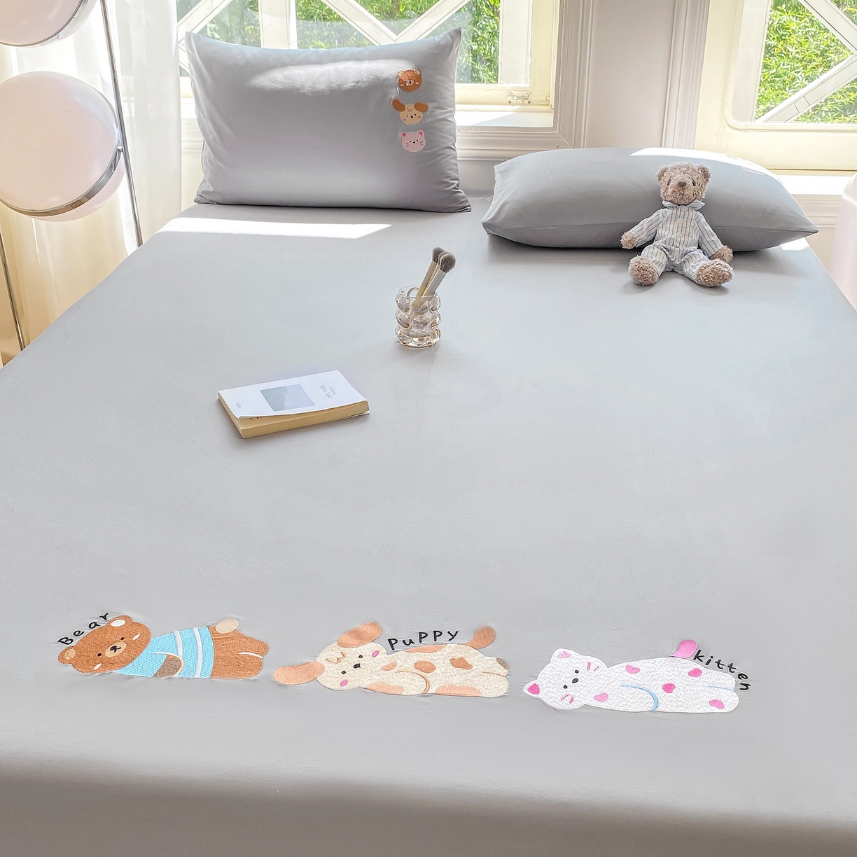 91家纺网 家纺一手货源 找家纺 灰鲸 2025新款全棉刺绣大床床笠-懒懒小憩系列 懒懒小憩-灰