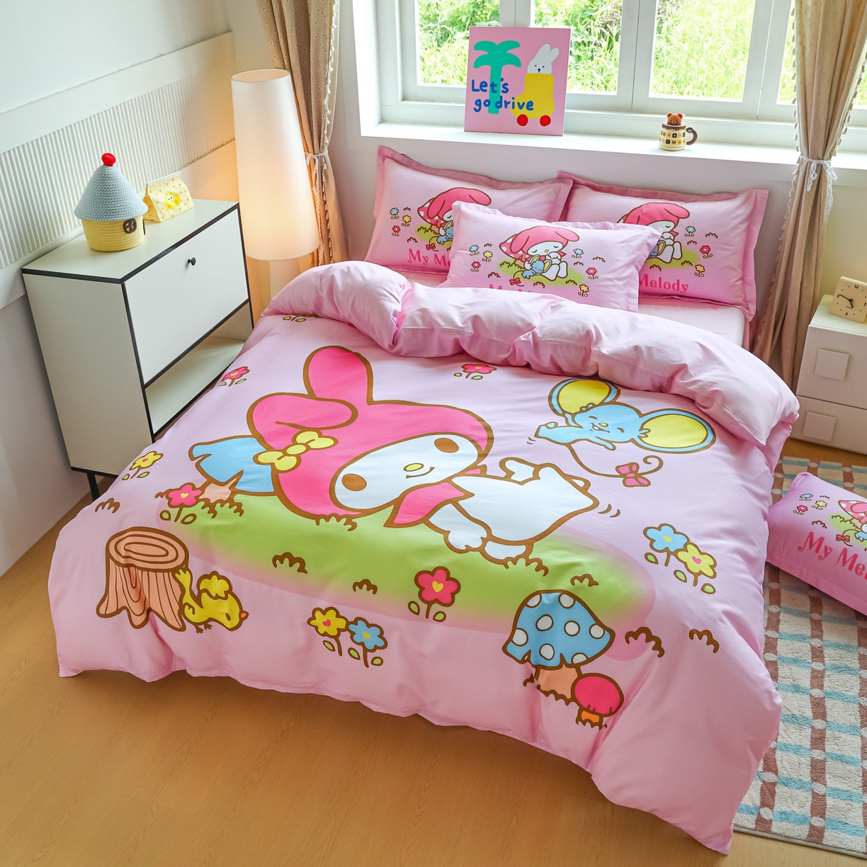 91家纺网 家纺一手货源 找家纺 浩诚 2025新款三丽鸥专版大版纯棉三件套四件套 花园派对