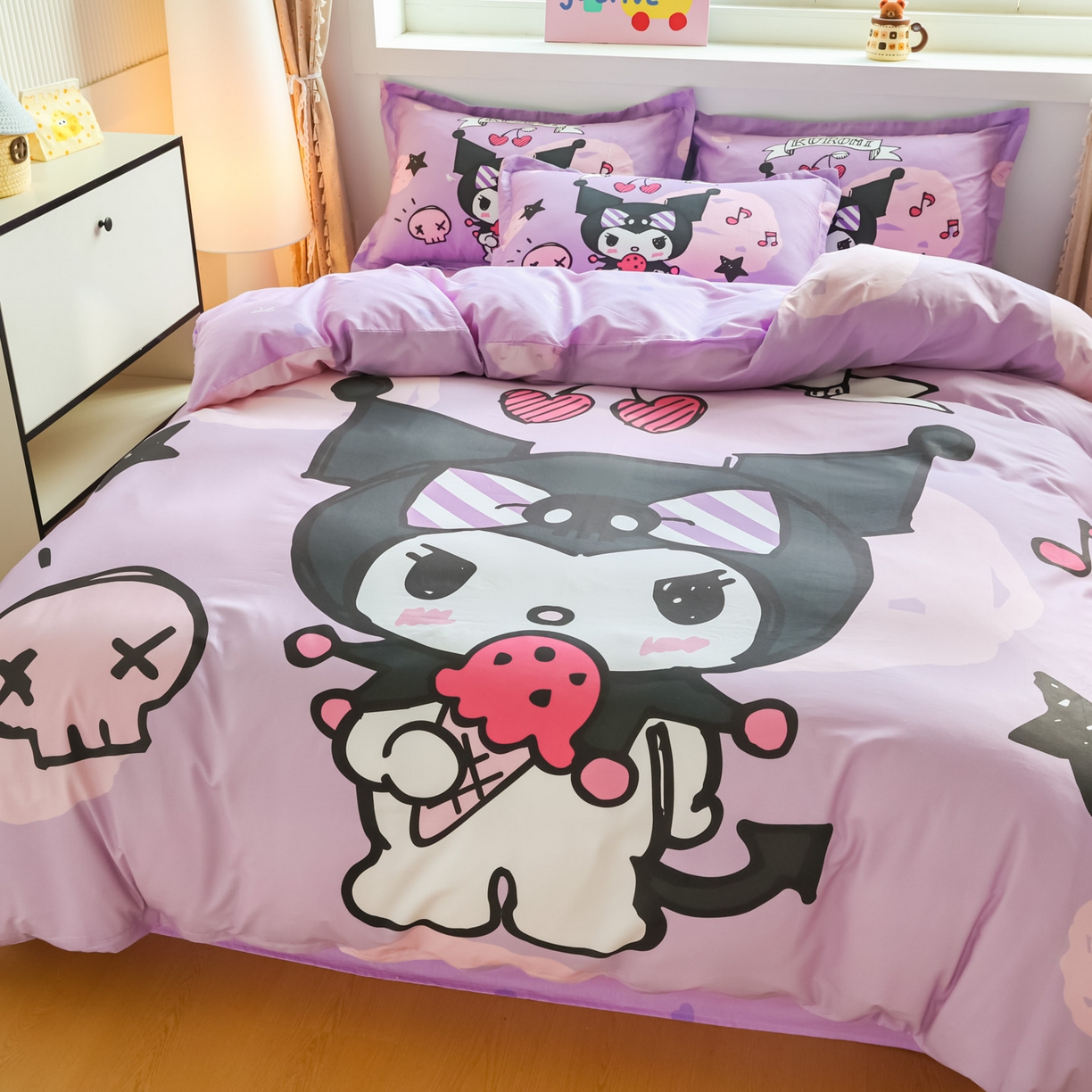 91家纺网 家纺一手货源 找家纺 浩诚 2025新款三丽鸥专版大版纯棉三件套四件套 樱桃库洛米