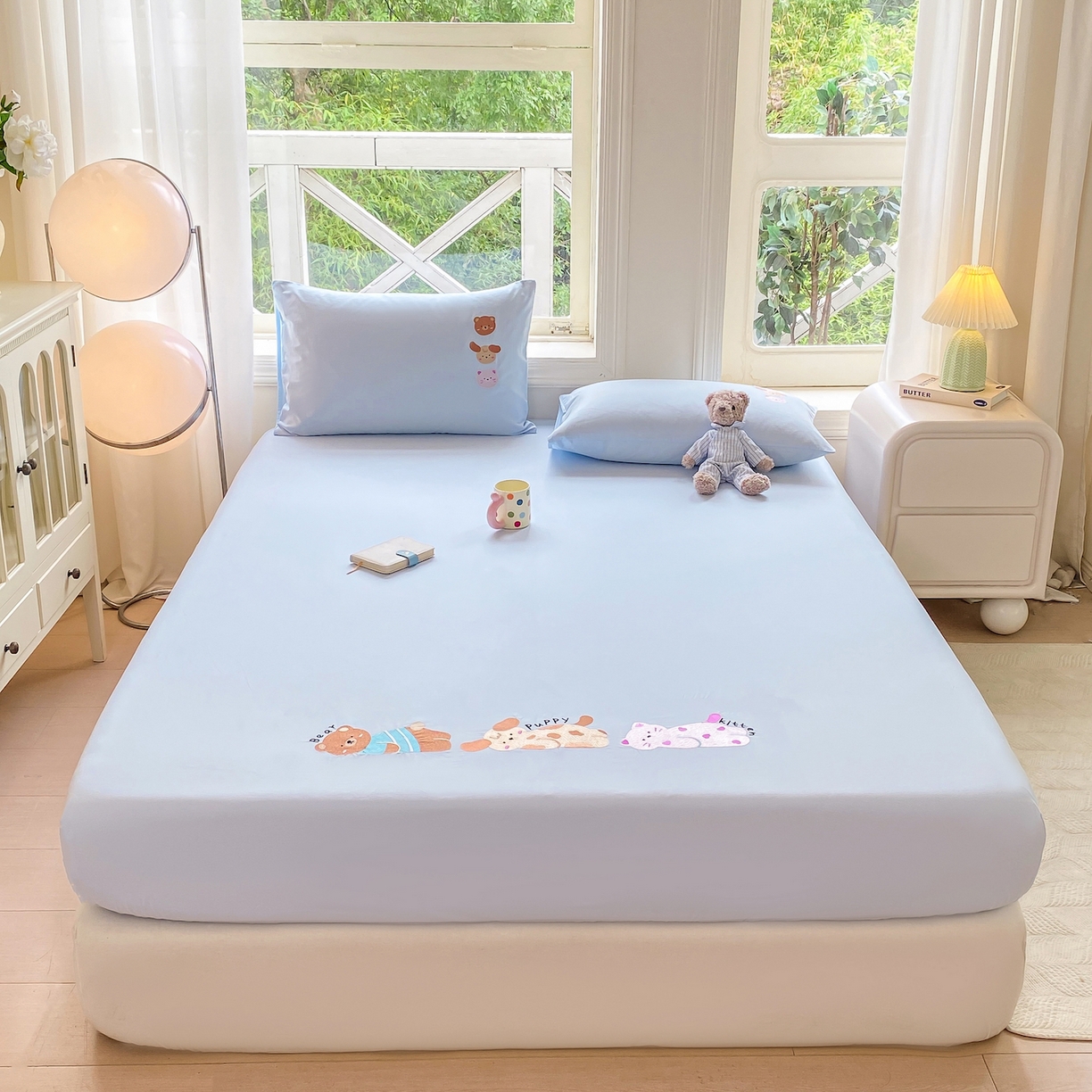 91家纺网 家纺一手货源 找家纺 灰鲸 2025新款全棉刺绣大床床笠-懒懒小憩系列 懒懒小憩-蓝