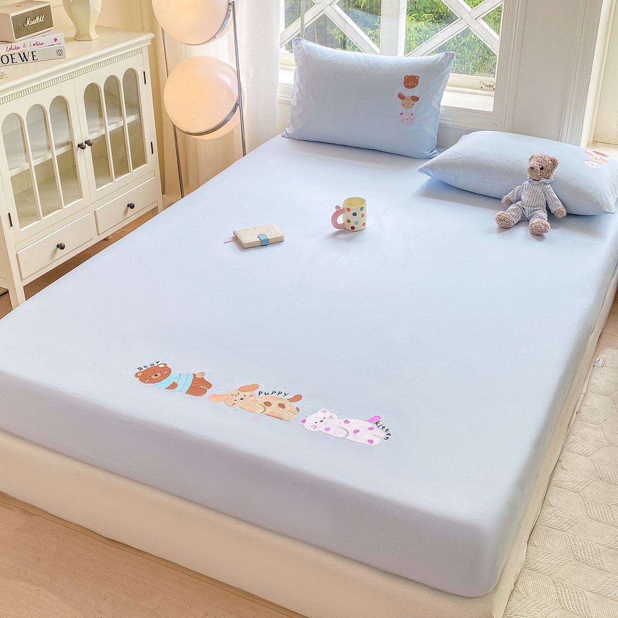 91家纺网 家纺一手货源 找家纺 灰鲸 2025新款全棉刺绣大床床笠-懒懒小憩系列 懒懒小憩-蓝