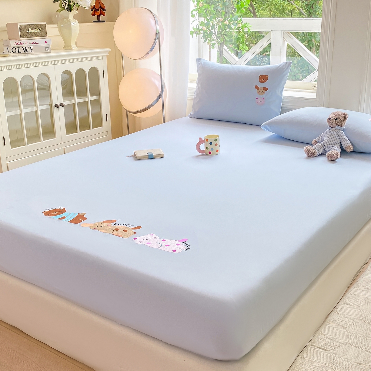 91家纺网 家纺一手货源 找家纺 灰鲸 2025新款全棉刺绣大床床笠-懒懒小憩系列 懒懒小憩-蓝