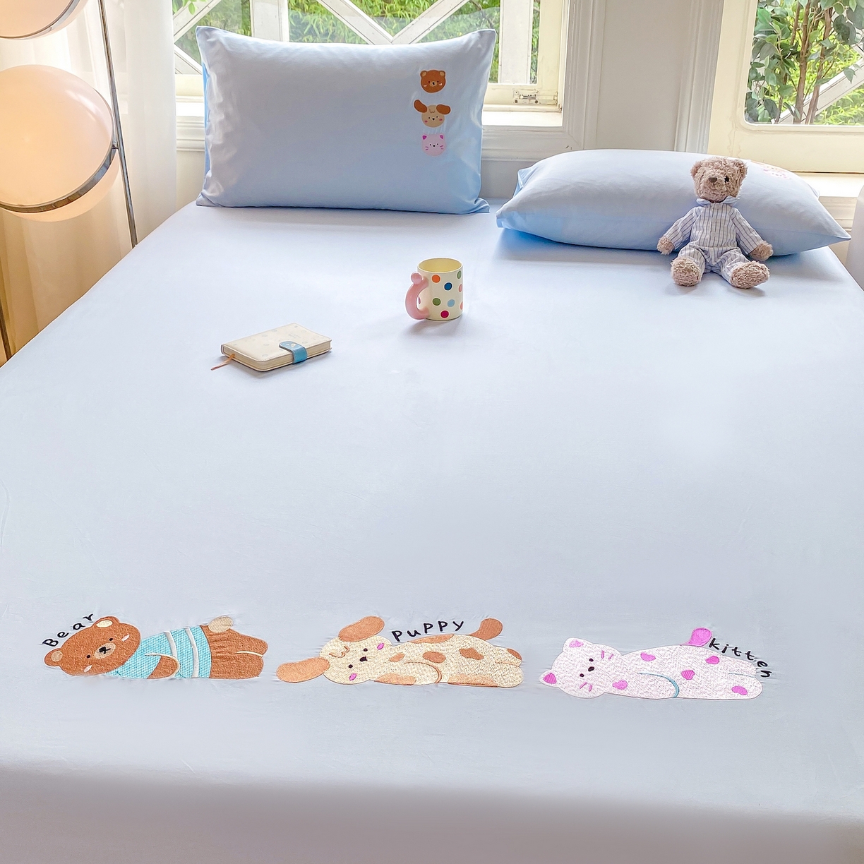 91家纺网 家纺一手货源 找家纺 灰鲸 2025新款全棉刺绣大床床笠-懒懒小憩系列 懒懒小憩-蓝