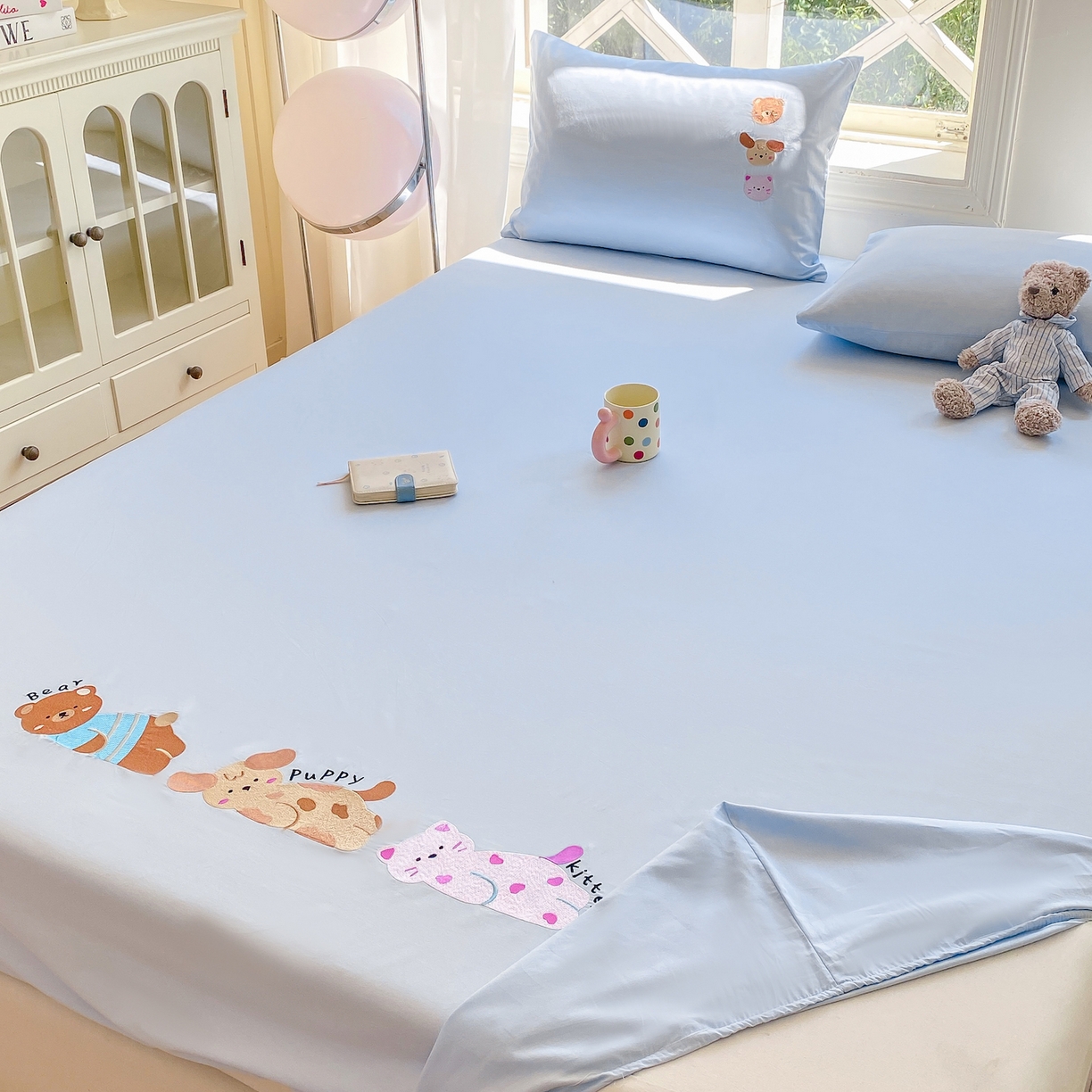 91家纺网 家纺一手货源 找家纺 灰鲸 2025新款全棉刺绣大床床笠-懒懒小憩系列 懒懒小憩-蓝