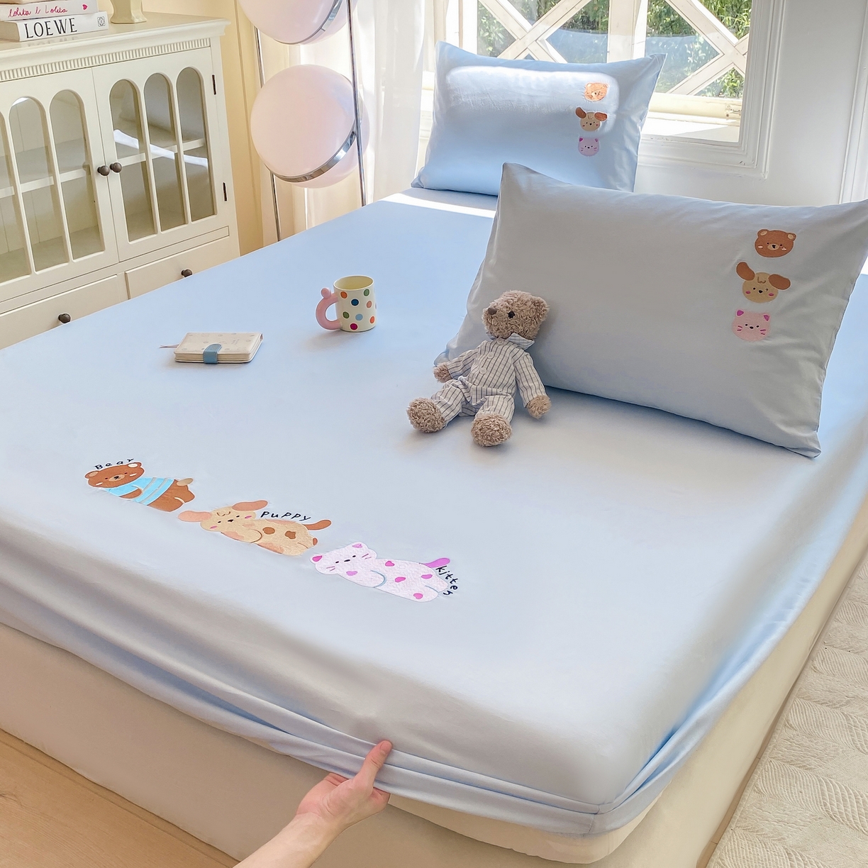 91家纺网 家纺一手货源 找家纺 灰鲸 2025新款全棉刺绣大床床笠-懒懒小憩系列 懒懒小憩-蓝