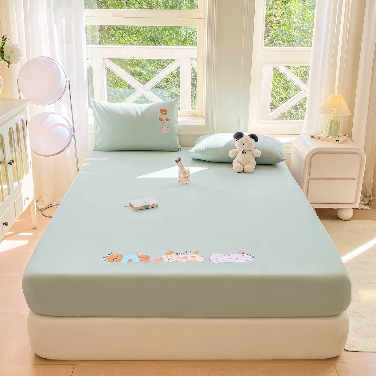 91家纺网 家纺一手货源 找家纺 灰鲸 2025新款全棉刺绣大床床笠-懒懒小憩系列 懒懒小憩-绿