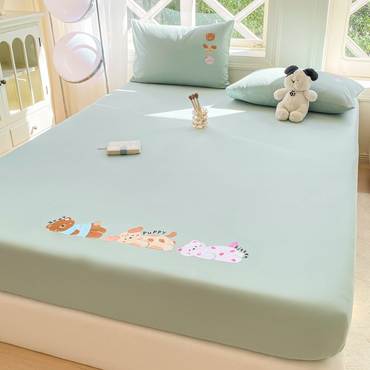 91家纺网 家纺一手货源 找家纺 灰鲸 2025新款全棉刺绣大床床笠-懒懒小憩系列 懒懒小憩-绿