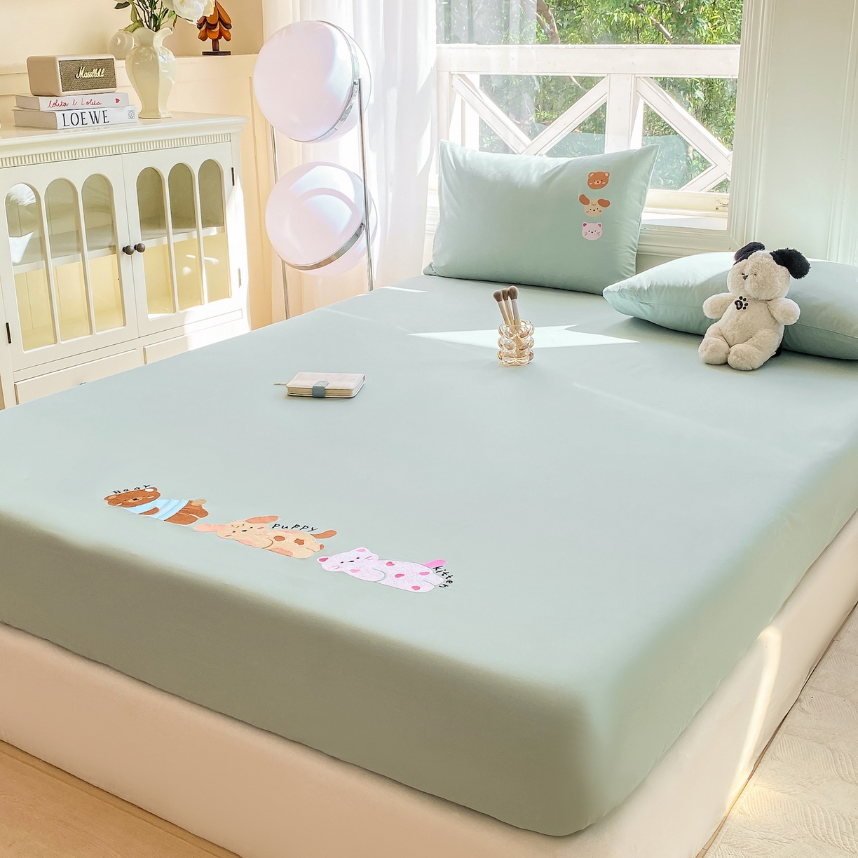 91家纺网 家纺一手货源 找家纺 灰鲸 2025新款全棉刺绣大床床笠-懒懒小憩系列 懒懒小憩-绿