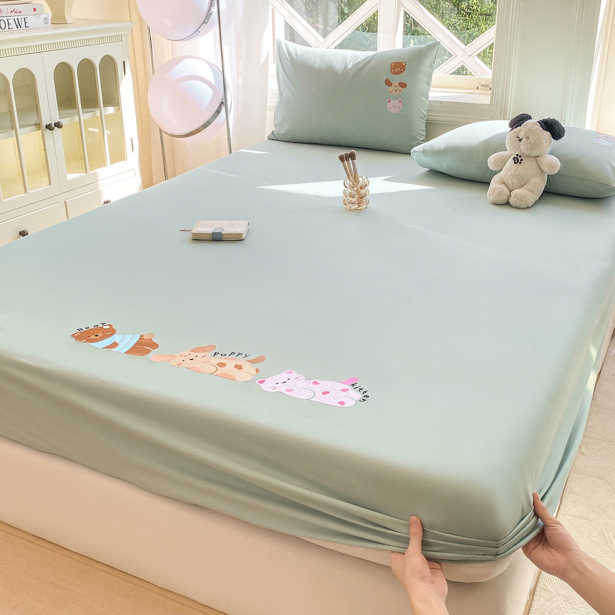 91家纺网 家纺一手货源 找家纺 灰鲸 2025新款全棉刺绣大床床笠-懒懒小憩系列 懒懒小憩-绿