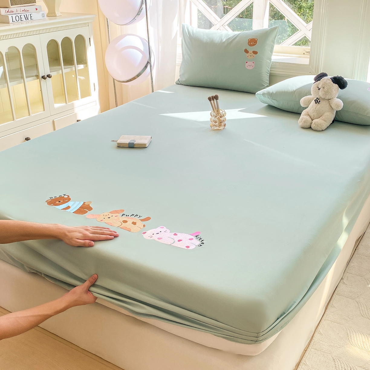 91家纺网 家纺一手货源 找家纺 灰鲸 2025新款全棉刺绣大床床笠-懒懒小憩系列 懒懒小憩-绿