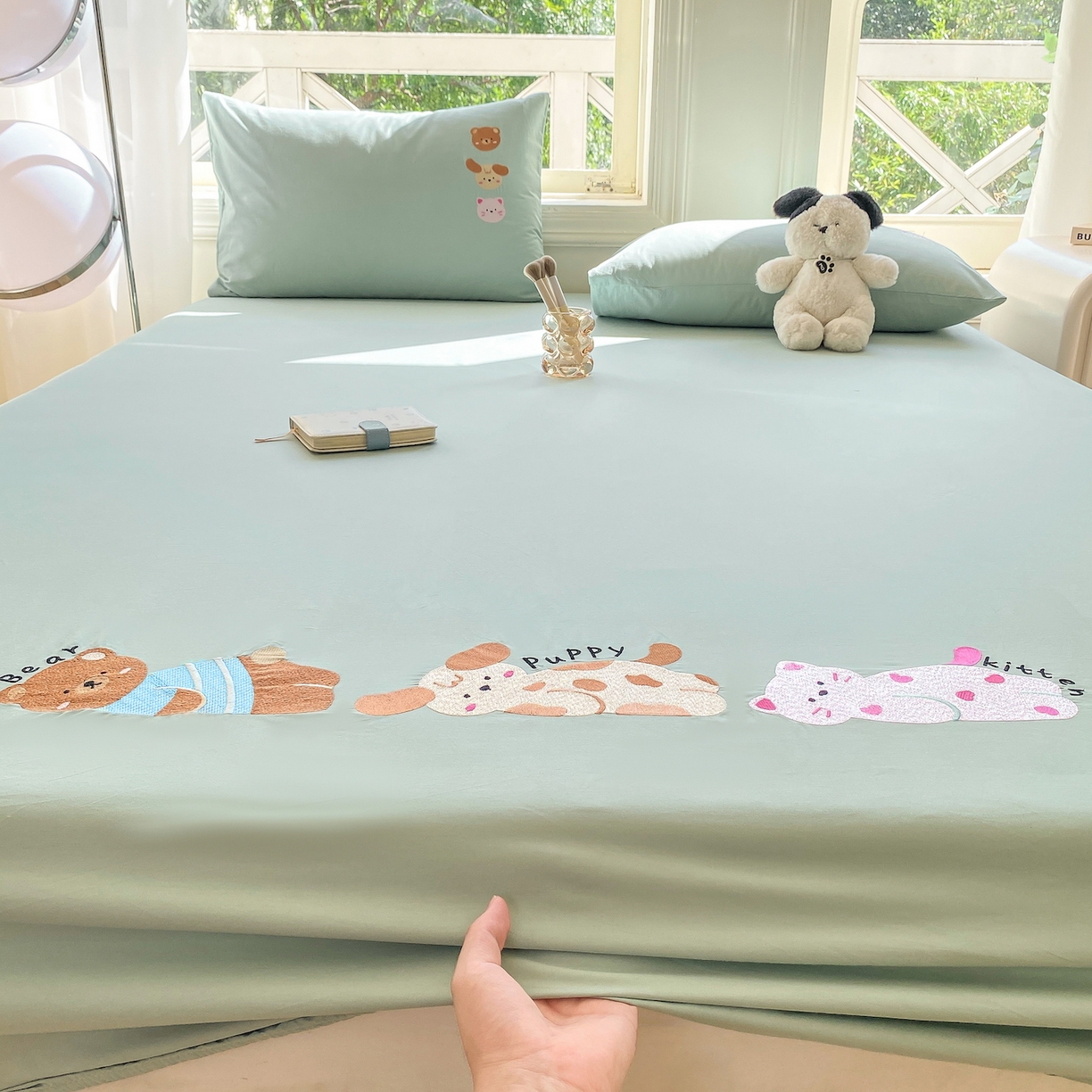 91家纺网 家纺一手货源 找家纺 灰鲸 2025新款全棉刺绣大床床笠-懒懒小憩系列 懒懒小憩-绿