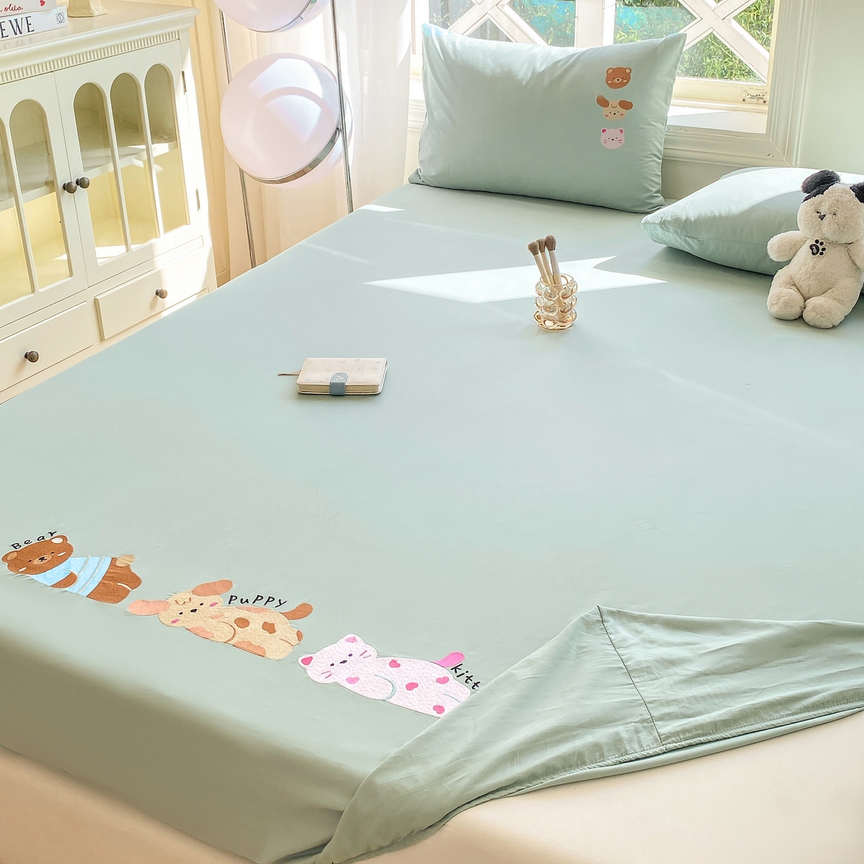 91家纺网 家纺一手货源 找家纺 灰鲸 2025新款全棉刺绣大床床笠-懒懒小憩系列 懒懒小憩-绿