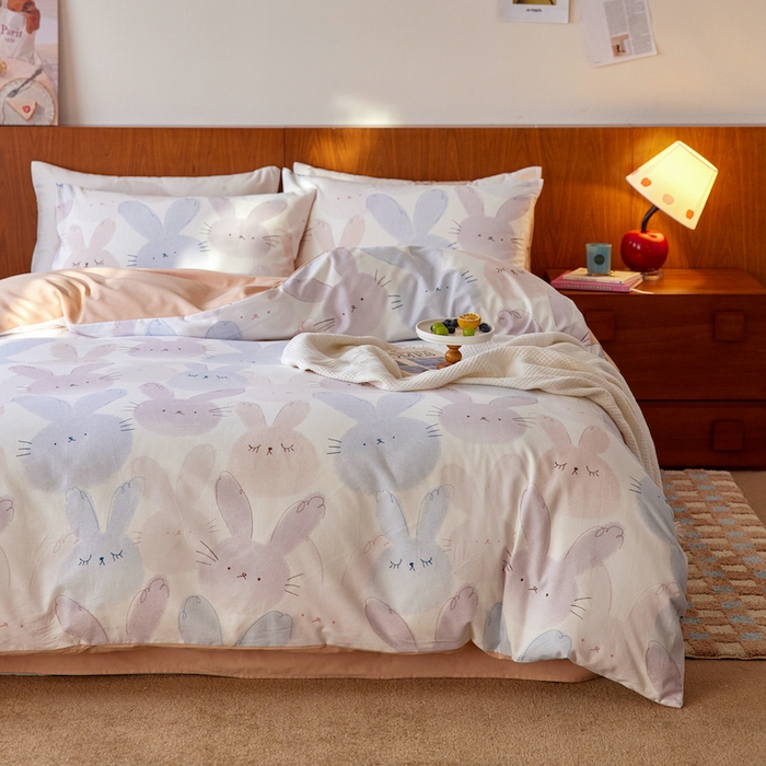 91家纺网 家纺一手货源 找家纺 千朵森 2025 新品 全棉磨毛卡通四件套（塞伦） 塞伦-彩眠兔