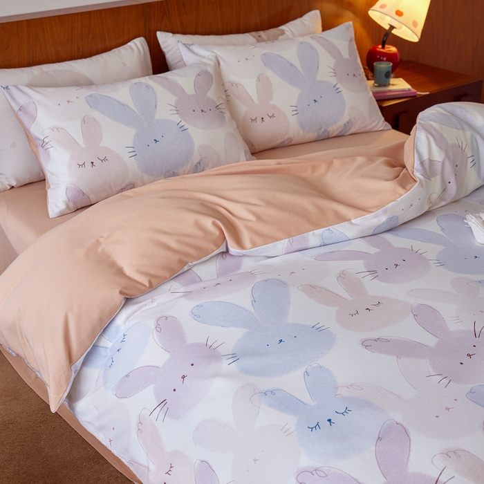 91家纺网 家纺一手货源 找家纺 千朵森 2025 新品 全棉磨毛卡通四件套（塞伦） 塞伦-彩眠兔