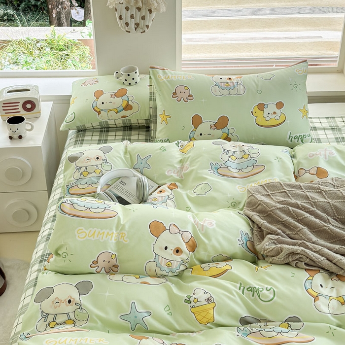 91家纺网 家纺一手货源 找家纺 可可家纺 2025新款印花卡通芦荟棉被套亲肤被罩单件小清新 夏日萌犬