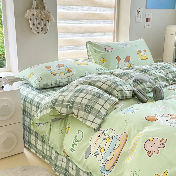 91家纺网 家纺一手货源 找家纺 可可家纺 2025新款印花卡通芦荟棉被套亲肤被罩单件小清新 夏日萌犬