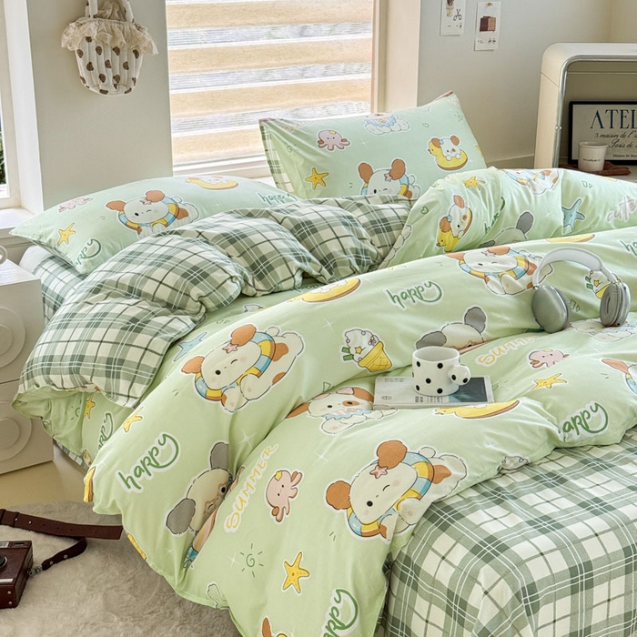 91家纺网 家纺一手货源 找家纺 可可家纺 2025新款印花卡通芦荟棉被套亲肤被罩单件小清新 夏日萌犬