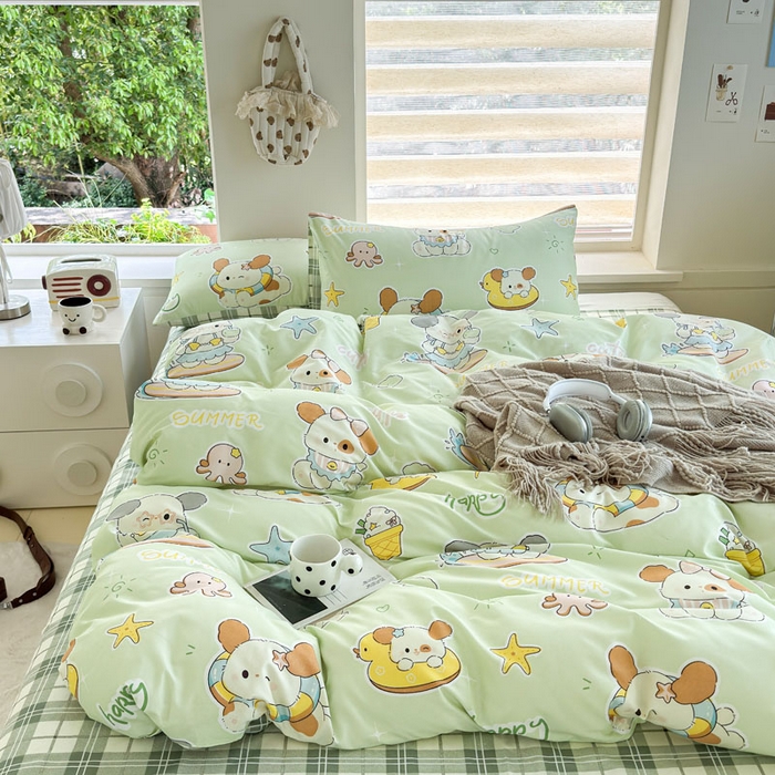 91家纺网 家纺一手货源 找家纺 可可家纺 2025新款印花卡通芦荟棉被套亲肤被罩单件小清新 夏日萌犬
