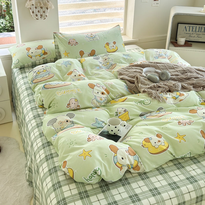 91家纺网 家纺一手货源 找家纺 可可家纺 2025新款印花卡通芦荟棉被套亲肤被罩单件小清新 夏日萌犬